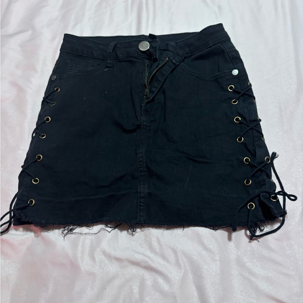 Black Lace-Up Denim Mini Skirt